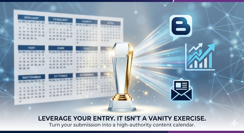 Golden trophy with a calendar in the background and growth icons, promoting a high-authority content calendar.