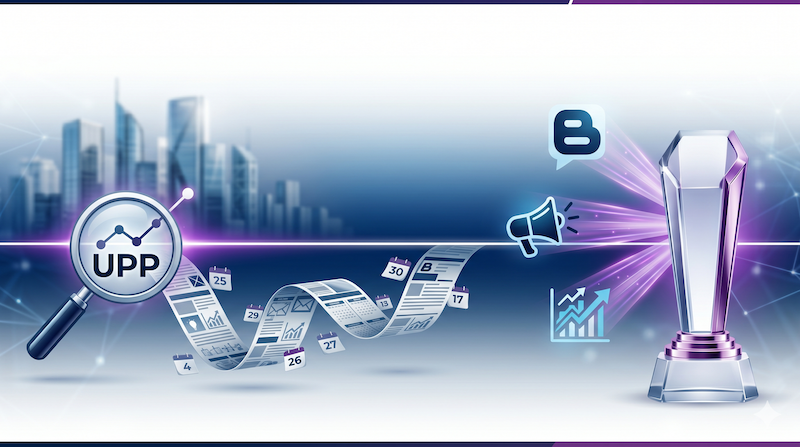 Award trophy with marketing elements: megaphone, rolling chart data, and UPP magnifier against a blue futuristic cityscape background.