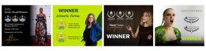 Carousel of four winner posters: a black Stevie Award Winner poster; a neon-green panel announcing Nimarta Verma as winner; a dark brown background featuring Nikki Torres Angyman as Winner; and a Green Panther portrait marked WINNER with laurel symbols.