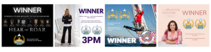 Row of four 'Winner' promotional tiles: a black 'Hear Us Roar' poster with a gold award badge; a woman posing with bold 'WINNER 3PM' text; a sailing scene with 'WINNER' and award icons; a pink-toned promo with a smiling woman and 'WINNER' label.