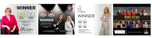 Winner collage: smiling woman in pink blazer with 'WINNER' and award badges for Gold, Silver, Bronze (informative).