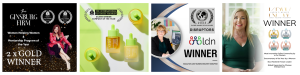 Collage showing four award-themed panels and a smiling businesswoman, celebrating female entrepreneurship and mentorship.