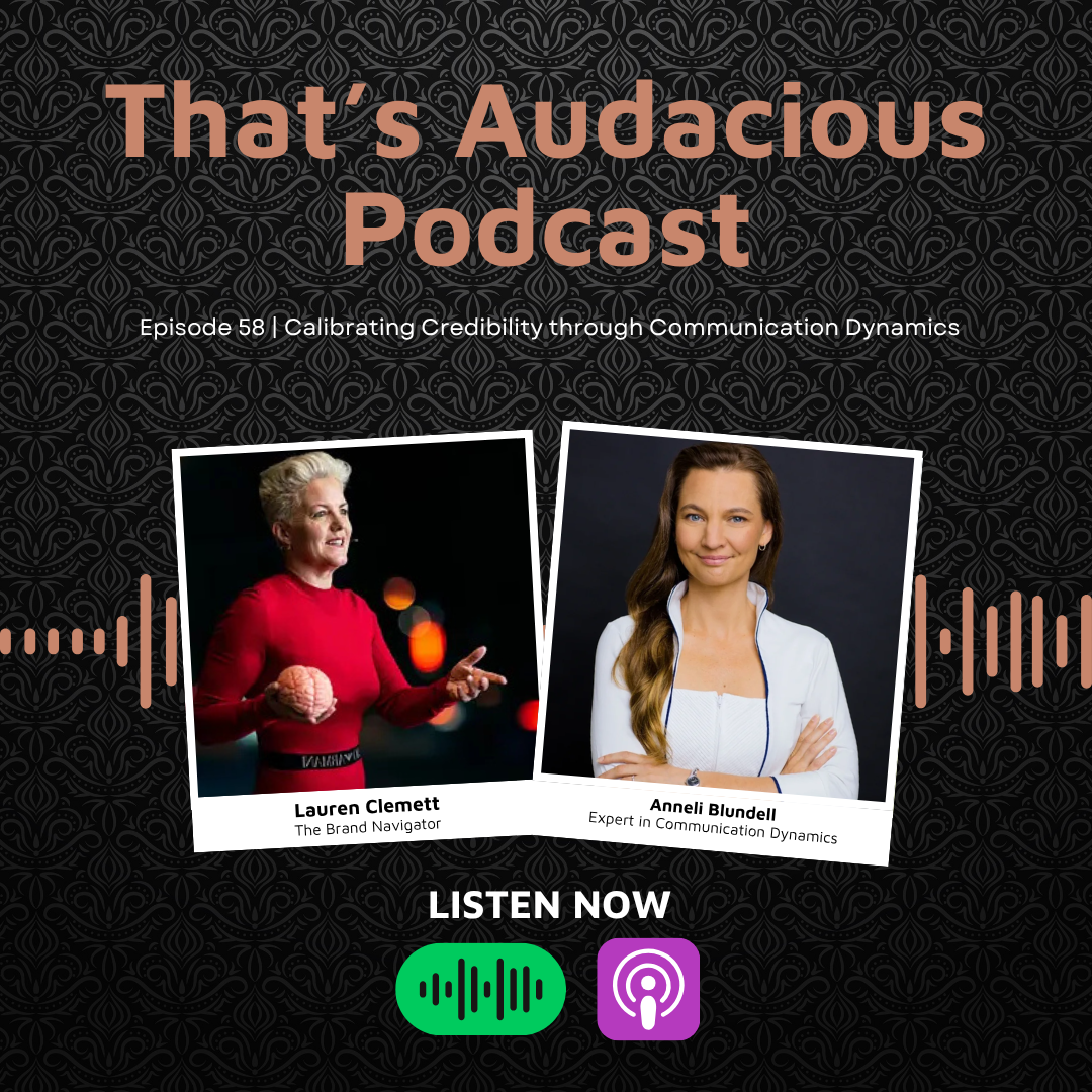 Podcast cover for That's Audacious Podcast, Episode 58 on credibility through communication dynamics, featuring Lauren Clemett and Anneli Blundell.