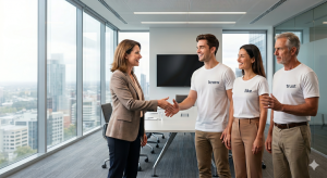 Professional woman shakes hands with a man as two teammates wearing 'know', 'like', 'trust' shirts look on in a bright city office.