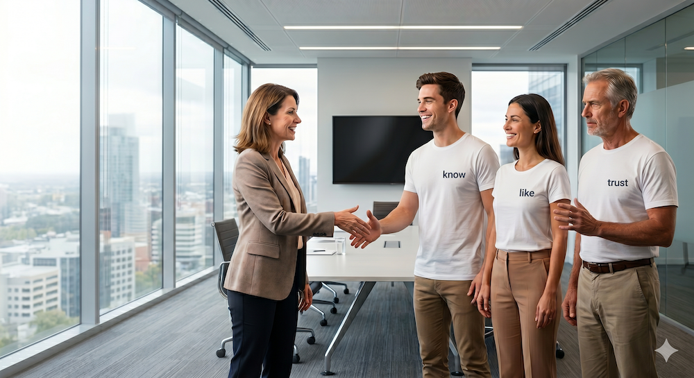 Know like & trust Professional woman shakes hands with a man as two teammates wearing 'know', 'like', 'trust' shirts look on in a bright city office.