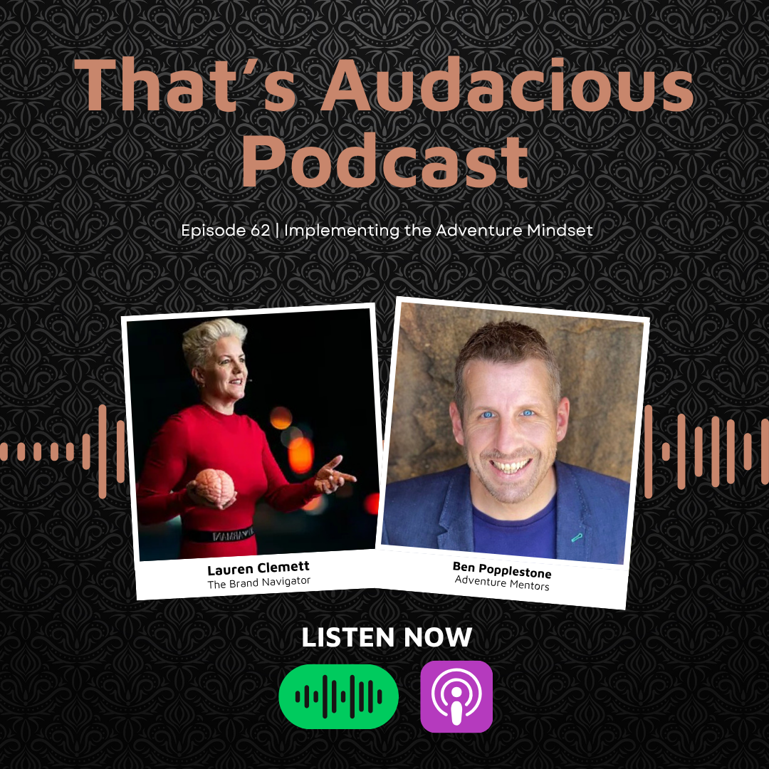 Podcast cover for That's Audacious Podcast, Episode 62: Implementing the Adventure Mindset, featuring two guest photos and listen icons below the title.