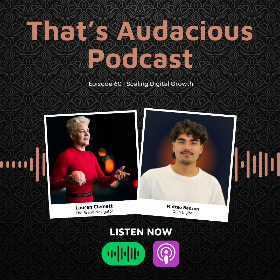 Cover art for That's Audacious Podcast, Episode 60: Scaling Digital Growth, featuring two Polaroid-style photos of Lauren Clemett and Matteo Banzon against a patterned background.