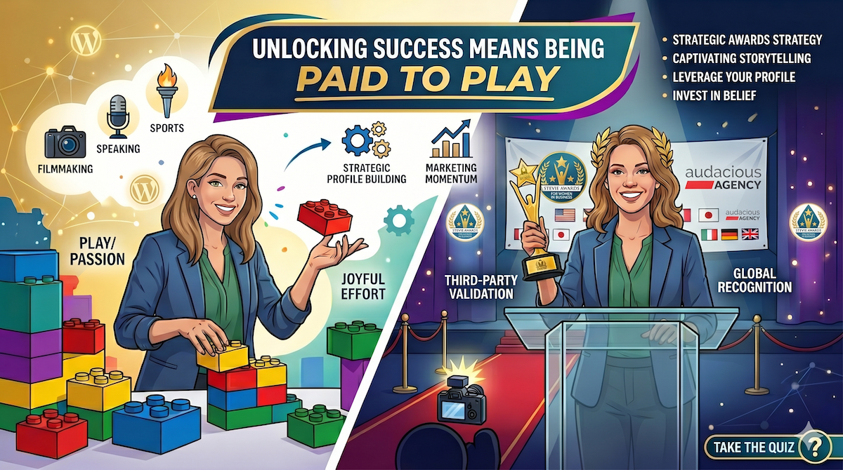 Two-panel infographic showing a woman building with colorful blocks on the left and winning awards on a stage on the right, titled 'Unlocking Success Means Being Paid to Play'.