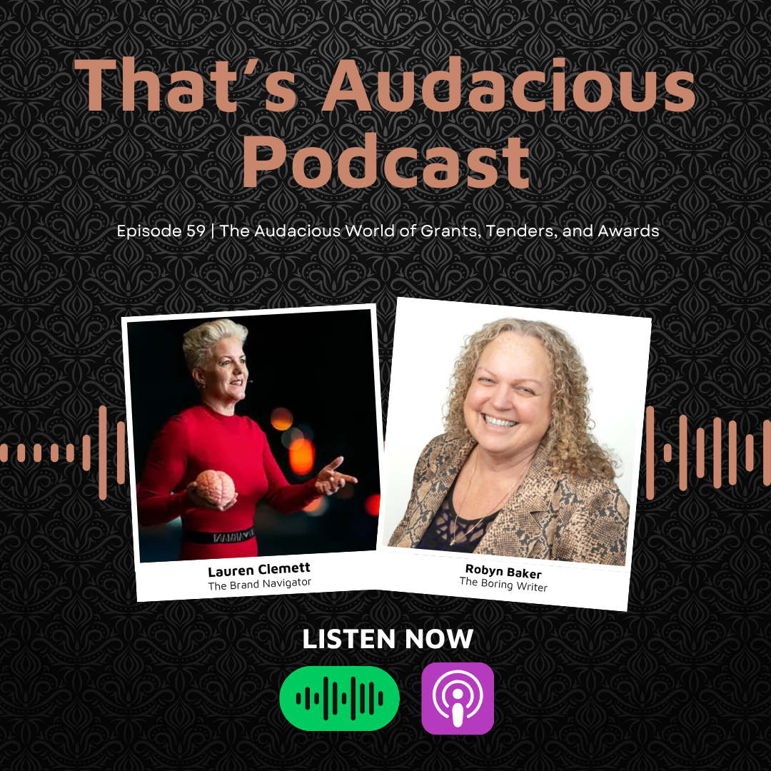 Podcast cover for That's Audacious Podcast featuring episode subtitle and two guest photos: Lauren Clemett and Robyn Baker, with listen now icons for Spotify and Apple Podcasts.