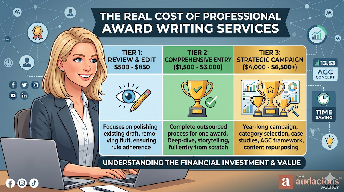 Infographic detailing three tiers of award writing services: Tier 1 $500–$850, Tier 2 $1,500–$3,000, Tier 3 $4,000–$6,500+, with a woman at a laptop on the left and icons representing goals and performance on the right.