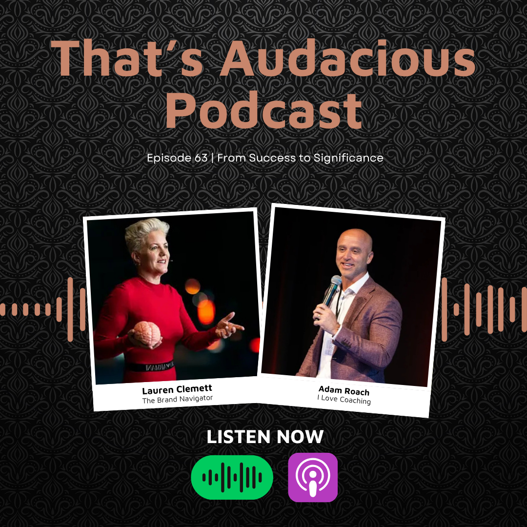 Podcast cover for That's Audacious with two guest photos: Lauren Clemett and Adam Roach and 'Listen Now' buttons below.